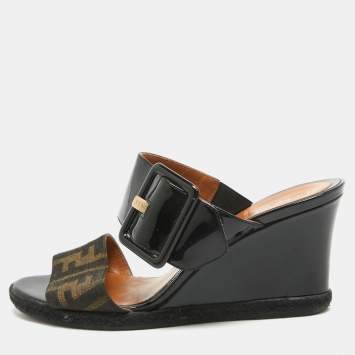 Pre Owned Fendi Brown/Black Zucca Canvas and Patent Leather Wedge Sandals Size 35
