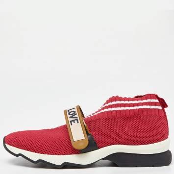 Pre Owned Fendi Red Mesh Rockoko Velcro Strap Slip On Sneakers Size 38