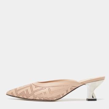 Pre Owned Fendi Beige Leather Perforated FF Mules Size 36