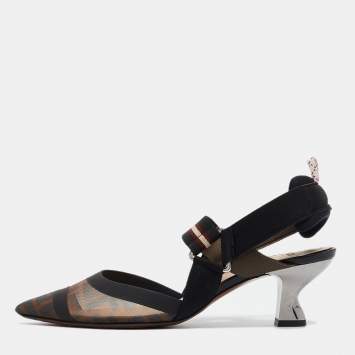 Pre Owned Fendi Brown/Black Zucca Mesh and Leather Colibri Pumps Size 37