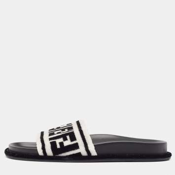 Pre Owned Fendi Black/White Fur FF Flat Slides Size 38.5