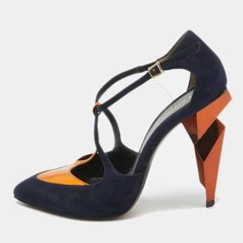 مملوكة مسبقًا Fendi Navy Blue/Metallic Suede and Leather T-Bar Ankle Strap Pumps Size 37