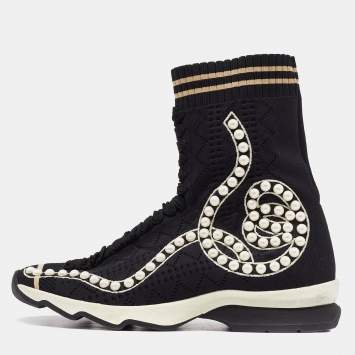 Pre Owned Fendi Black Knit Fabric Pearl Embellished Slip On High Top Sneakers Size 37