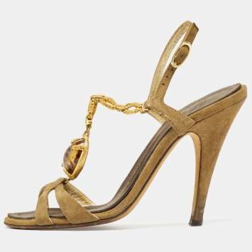Pre Owned  Giuseppe Zanotti Green Suede Chain Link Embellished Ankle Strap Sandals Size 36.5