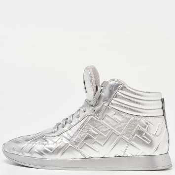 Pre Owned Fendi X Nicki Minaj Silver Laminated Leather High Top Sneakers 37.5