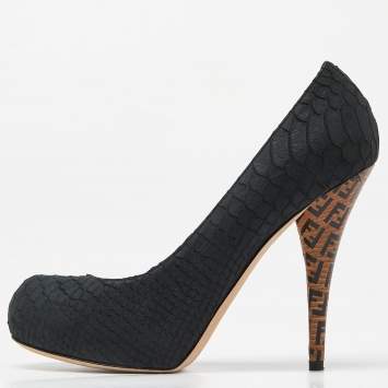 Pre Owned Fendi Black Python Embossed Leather FF Logo Heel Platform Pumps Size 40