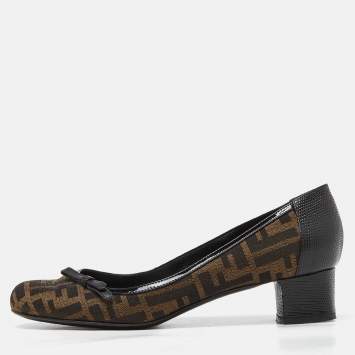 Pre Owned Fendi Brown Tobacco Zucca Canvas and Lizard Embossed Leather Bow Block Heel Pumps Size 41