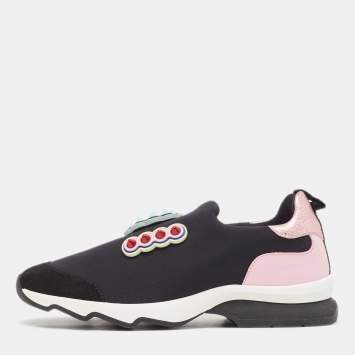 Pre Owned Fendi Black/Pink Fabric And Suede Fun Fair Logo Slip On Sneakers Size 36