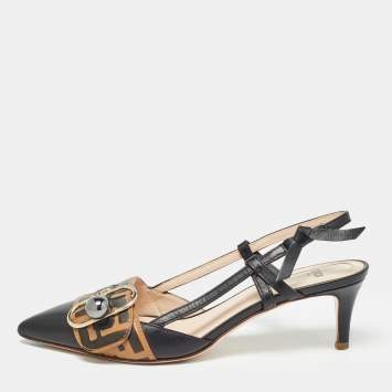 Pre Owned Fendi Black/Beige Leather Slingback Pumps Size 37 
