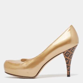Pre Owned Fendi Gold Patent Leather Platform Round Toe Pumps Size 35