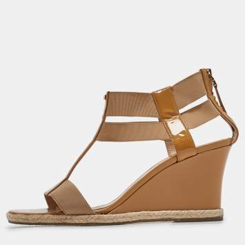 Pre Owned Fendi Brown Patent Elastic Wedge Sandals Size 39