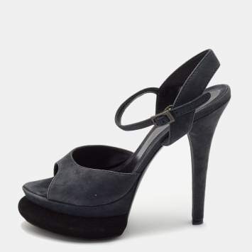 Pre Owned Fendi Navy Blue Suede Platform Ankle Strap Sandals Size 38