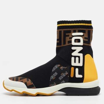 Pre Owned Fendi  X Fila Brown/Black Tobacco Knit Fabric Sock Sneakers Size 36