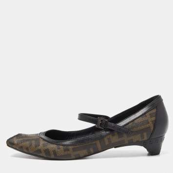 Pre Owned Fendi Black/Brown Coated Canvas and Leather Marry Jane Ballet Flats Size 39.5