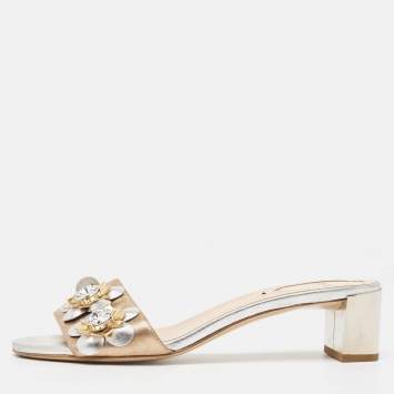 Pre Owned Fendi Metallic Leather Flowerland Slide Sandals Size 37