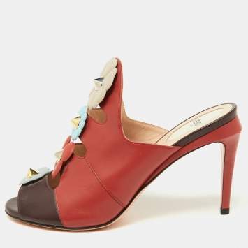 Pre Owned Fendi Red/Dark Brown Leather Flowerland Mules Size 38