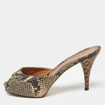 Pre Owned Fendi Black/Beige Embossed Snakeskin Slide Sandals Size 36