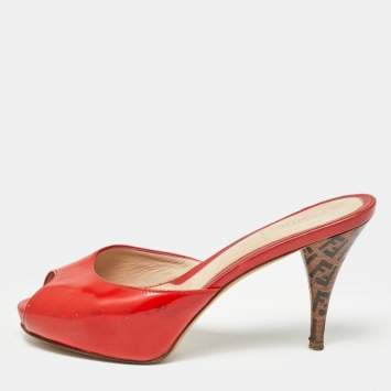 Pre Owned Fendi Red Patent Leather Zucca Heel Slide Sandals Size 36.5