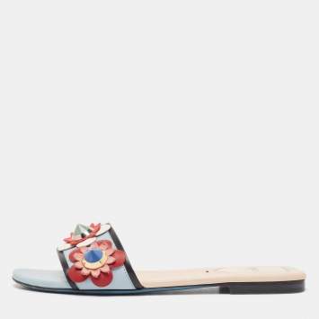 Pre Owned Fendi Blue Leather Flowerland Flat Slides Size 37