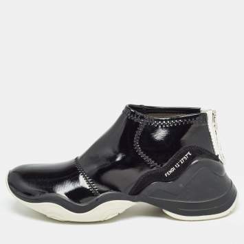 Pre Owned Fendi Black Patent Leather FFluid Zip Up Sneakers Size 40