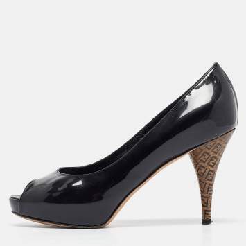 Pre Owned Fendi Black Patent Leather Zucca Heel Platform Pumps Size 35