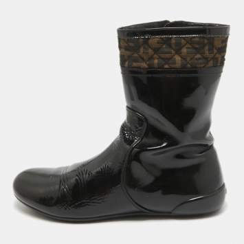Pre Owned Fendi Black Patent Leather and Zucca Canvas Mid Calf Boots Size 41