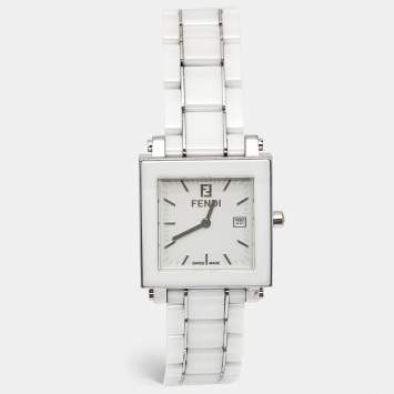 Pre Owned Fendi Quadro 6200G White Ceramic Enamel Stainless Steel Unisex Wristwatch 30 mm