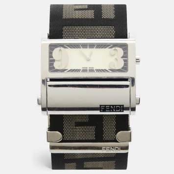 Pre Owned Fendi Zip Code 1120G Cream Dial Stainless Steel Canvas Women's Wristwatch 45 mm