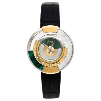 Pre Owned Fendi Mother Of Pearl Malachite Two Tone Stainless Steel Diamond Leather Policromia 51100S Women's Wristwatch 33 mm