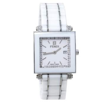Pre Owned Fendi White Ceramic Stainless Steel Diamond Quadro 6200G Women's Wristwatch 30 mm
