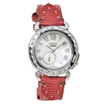 Pre Owned Fendi White Stainless Steel Leather Selleria 8100M Women's Wristwatch 37 mm