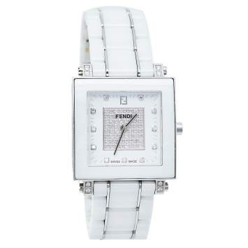 Pre Owned Fendi White Ceramic And Stainless Steel Diamonds Quadro 6200G Women's Wristwatch 30 mm