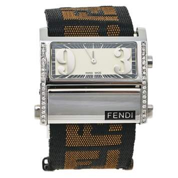 Pre Owned Fendi Cream Stainless Steel and Canvas Diamond Zip Code 1120L Women's Wristwatch 38 mm