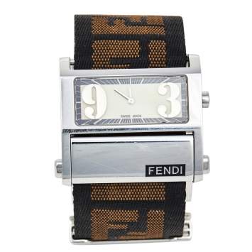 Pre Owned Fendi Cream Stainless Steel FF Canvas Zip Code 1120L Women's Wristwatch 38 mm