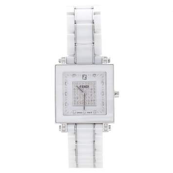 Pre Owned Fendi White Ceramic And Stainless Steel Diamonds Quadro 6200G Women's Wristwatch 30 mm