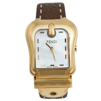 Pre Owned Fendi Mother of Pearl Gold Plated Stainless Steel Leather B.Fendi 3800G Women's Wristwatch 33 mm