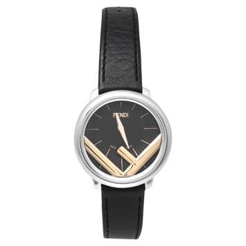 Pre Owned Fendi Black Two-Tone Stainless Steel Leather Run Away 71000M Women's Wristwatch 36 mm