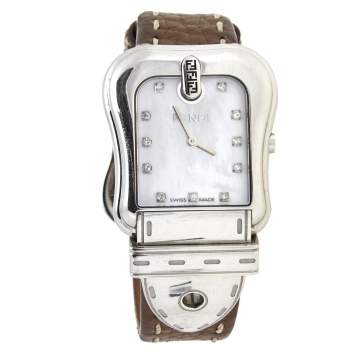 Pre Owned Fendi Mother of Pearl Diamond Stainless Steel Leather B.Fendi 3800G Women's Wristwatch 33 mm