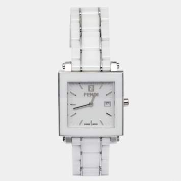 Pre Owned Fendi White Ceramic Stainless Steel Quadro 6200G Unisex Wristwatch 30 mm