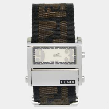 Pre Owned Fendi Cream Stainless Steel Fabric Zip Code 1120L Women's Wristwatch 38 mm