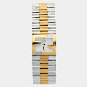 Pre Owned Fendi Mother of Pearl Two Tone Stainless Steel Diamond Fendimania Women's Wristwatch 24 mm