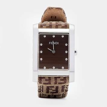 Pre Owned Fendi Brown Stainless Steel Canvas Classic 7000G Women's Wristwatch 27 mm