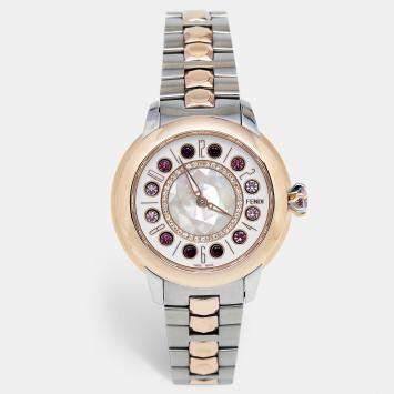 Pre Owned Fendi Mother of Pearl Diamond Topaz Two Tone Stainless Steel iShine F121224500T01 Women's Wristwatch 33 mm