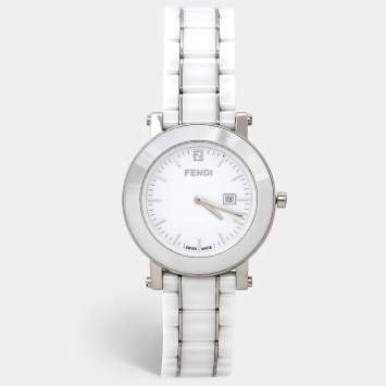 Pre Owned Fendi White Ceramic Stainless Steel 6400G Women's Wristwatch 38 mm