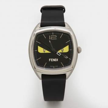 Pre Owned Fendi Black Diamond Stainless Steel Calfskin Memento Bugs Eye 22000M Women's Wristwatch 32 mm