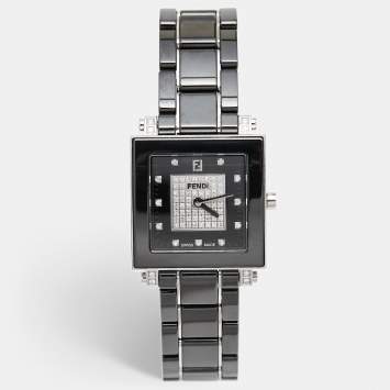 Pre Owned Fendi Black Ceramic Stainless Steel Diamond Quadro 6200G Women's Wristwatch 30 mm