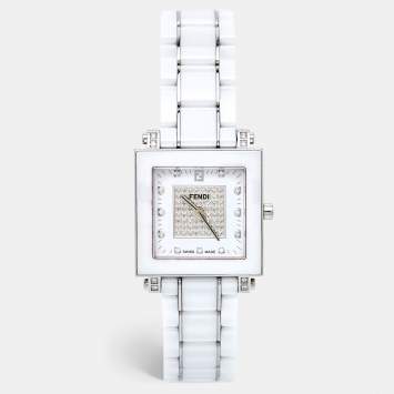 Pre Owned Fendi White Ceramic Stainless Steel Diamonds Quadro 6200G Women's Wristwatch 30 mm
