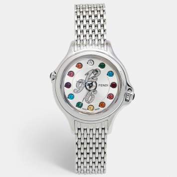 Pre Owned Fendi Silver Stainless Steel Diamond Colored Sapphire Crazy Carats 10500M Women's Wristwatch 38 mm