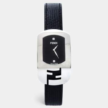 Pre Owned Fendi Black Stainless Steel Lizard Skin Leather Diamond Chameleon 30000M Women's Wristwatch 29 mm