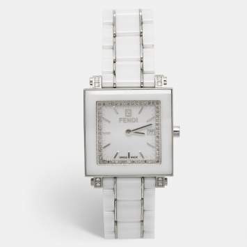 Pre Owned Fendi White Ceramic Diamonds Stainless Steel Quadro 6200G Women's Wristwatch 30 mm